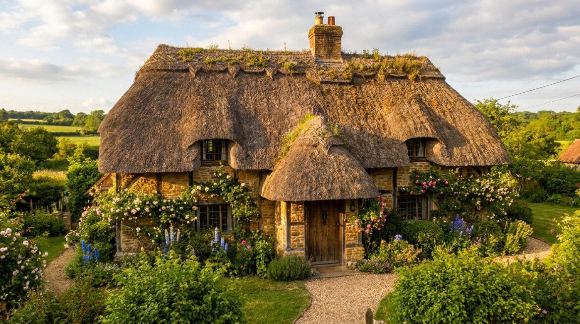 Charmante maison en pierre avec un toit de chaume luxuriant et fleuri, entourée d'un jardin anglais verdoyant sous un ciel nuageux.