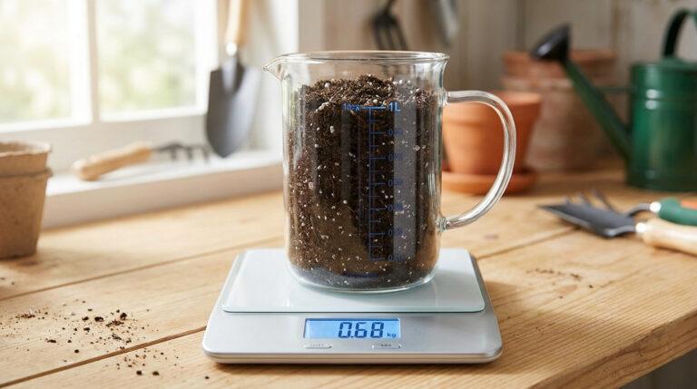 Pichet d'un litre de terreau sur une balance numérique affichant 0,68 kg. Outils de jardinage en arrière-plan, près d'une fenêtre.