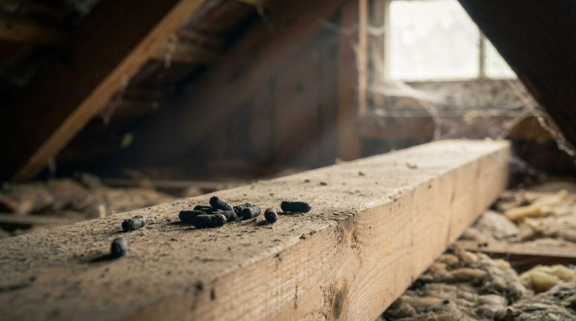 Comment identifier les crottes de loir et s’en protéger ? Gros plan sur des crottes de loir noires, cylindriques, sur une poutre en bois poussiéreuse dans un grenier sombre.