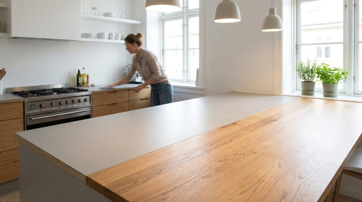 Brico dépôt plan de travail : l’atout de votre cuisine Cuisine moderne et lumineuse. Une femme nettoie un plan de travail gris. Grand îlot central avec surface bois clair et gris.