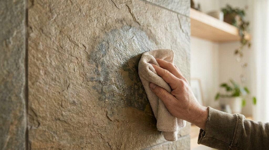 Main frottant une surface murale en feuille de pierre texturée avec un chiffon humide, révélant une zone assombrie par l'eau.