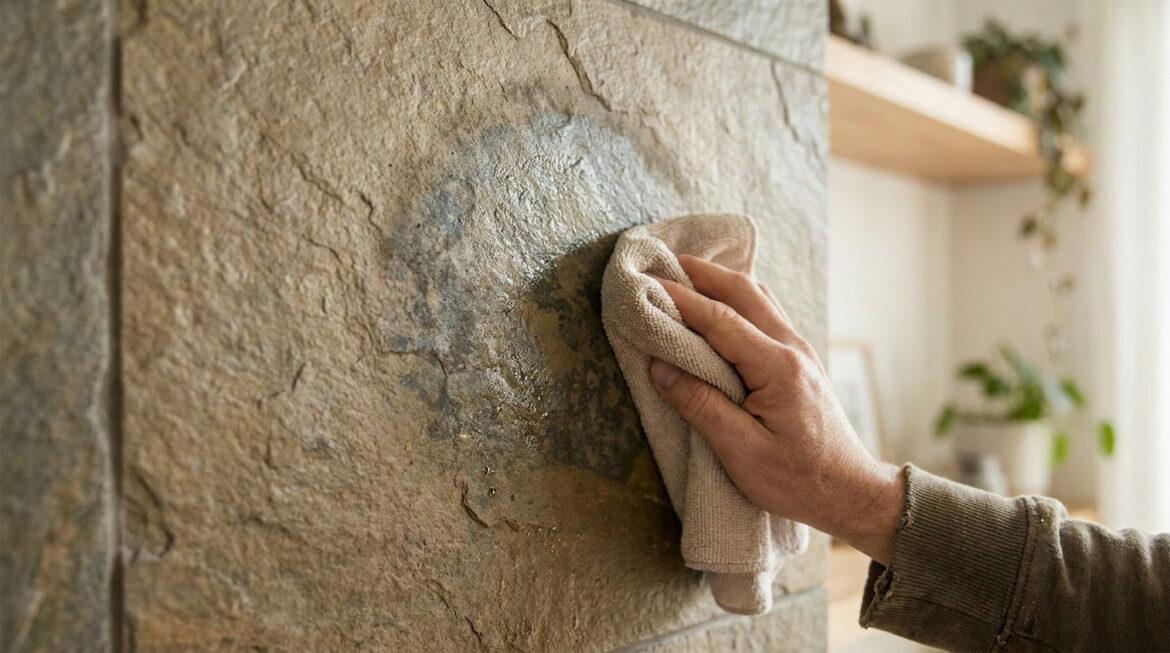 Feuille de pierre inconvénients : les pièges à éviter Main frottant une surface murale en feuille de pierre texturée avec un chiffon humide, révélant une zone assombrie par l'eau.
