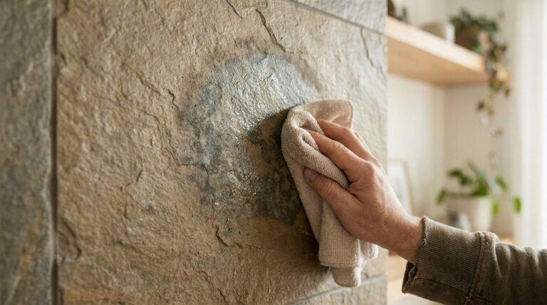 Main frottant une surface murale en feuille de pierre texturée avec un chiffon humide, révélant une zone assombrie par l'eau.