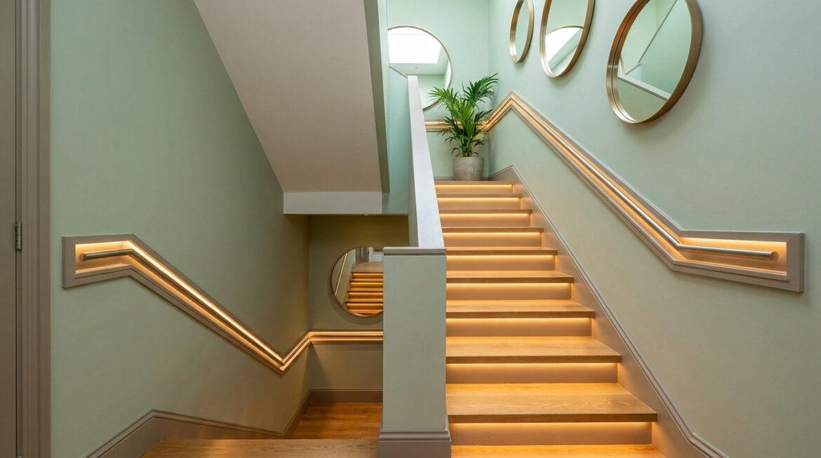 Cage d'escalier moderne vert sauge. Marches en bois éclairées, rampes murales lumineuses, miroirs ronds et plante verte.