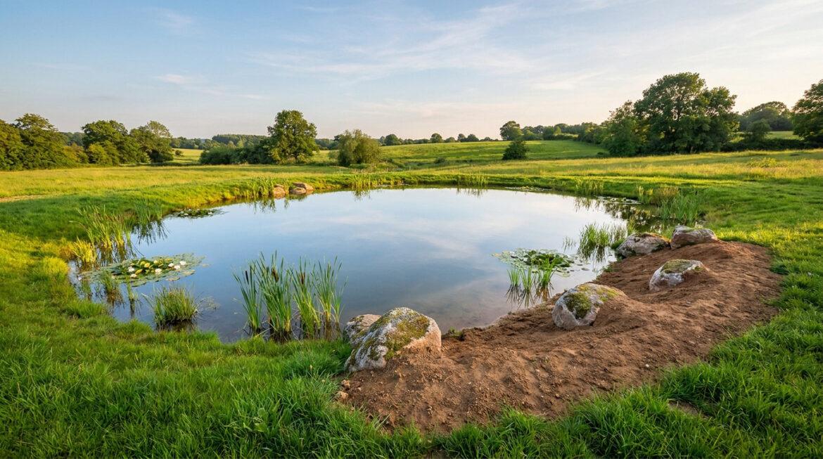 Étang paisible avec nénuphars et roseaux, entouré de vastes prairies vertes et d'arbres sous un ciel bleu clair.