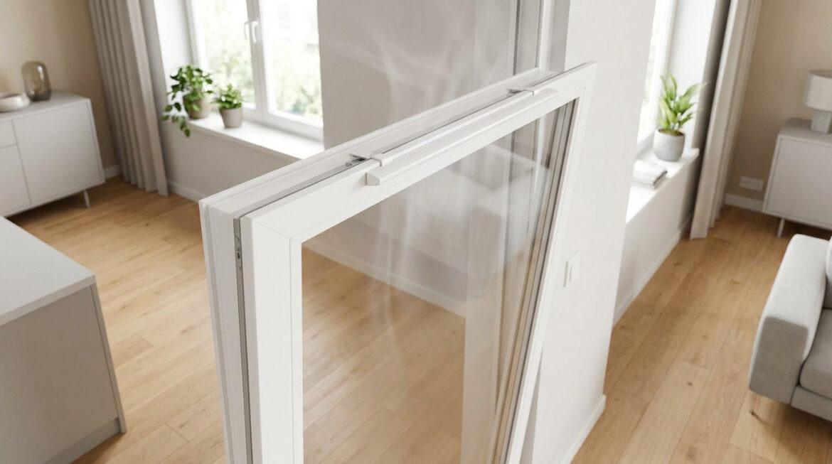 Fenêtre blanche entrouverte montrant un système d'aération sans perçage dans un intérieur lumineux et moderne.