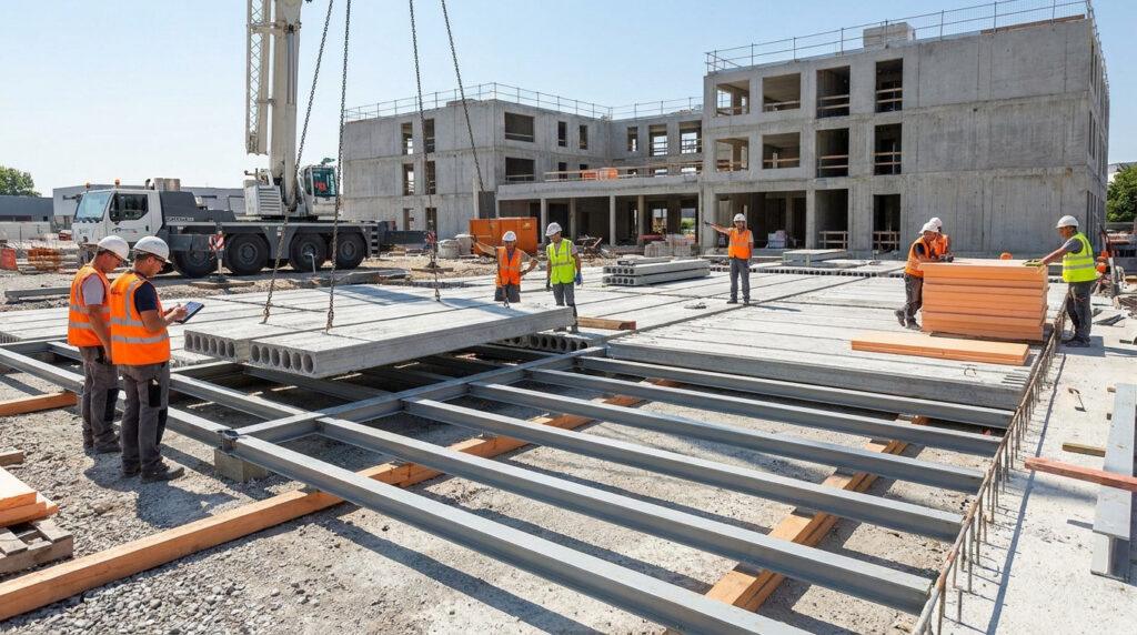 Chantier de construction : une grue dépose une dalle de plancher alvéolée. Des ouvriers en gilets de sécurité supervisent la pose.