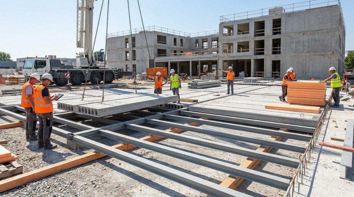 Poutrelle hourdis : le guide pour un plancher performant Chantier de construction : une grue dépose une dalle de plancher alvéolée. Des ouvriers en gilets de sécurité supervisent la pose.