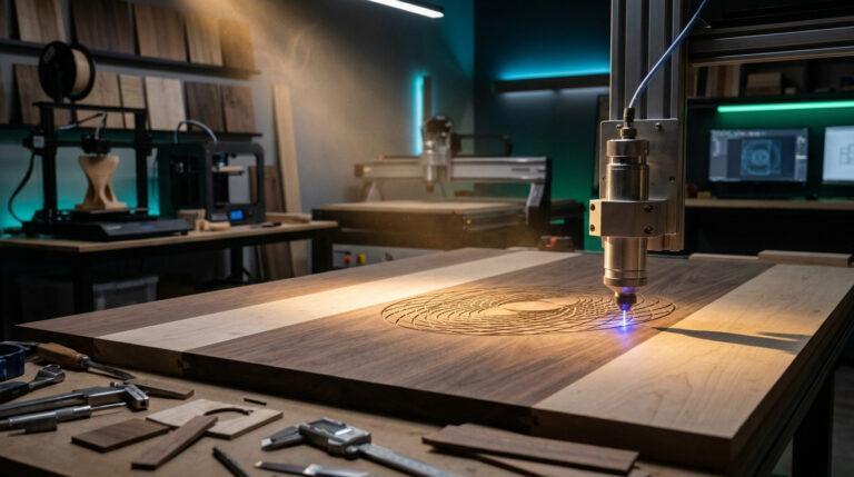 Une machine CNC grave un motif complexe avec un laser bleu sur une planche de bois. Atelier moderne avec imprimantes 3D et outils.