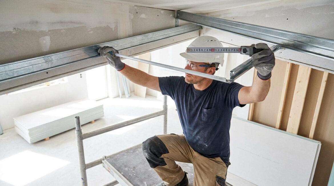 Ouvrier mesurant la distance entre les rails métalliques d'un faux-plafond en placo, portant casque et lunettes de sécurité.