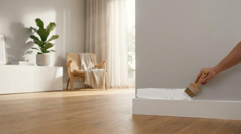 Main peignant une plinthe blanche au pinceau. Intérieur moderne et lumineux avec mur gris, parquet bois, plante et fauteuil flous.