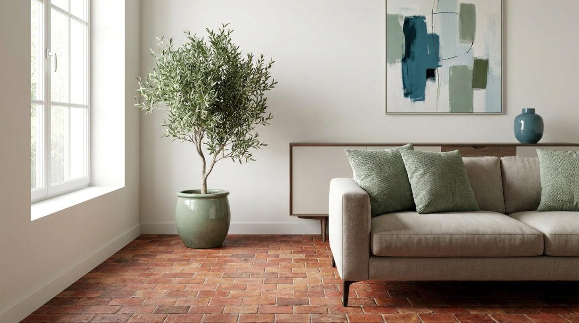Quelle couleur associer avec de la tomette rouge ? Salon lumineux avec sol en tomettes rouges, canapé beige, coussins vert sauge et œuvre d'art aux tons bleus et verts.