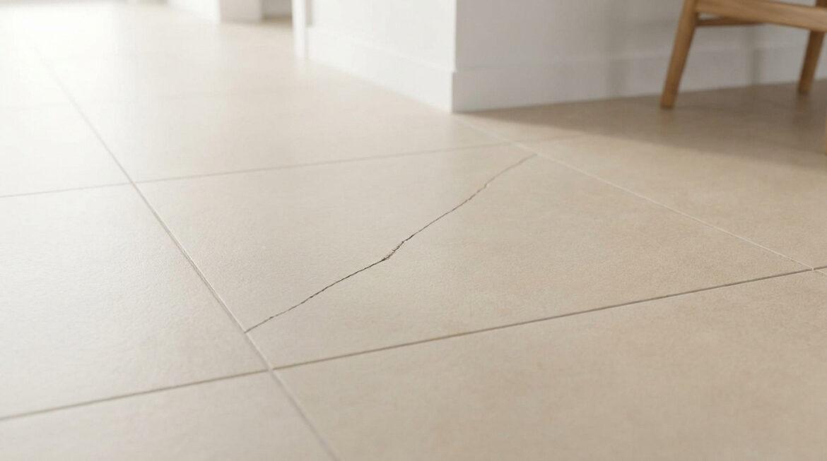 Carrelage de sol beige clair avec une fissure diagonale traversant plusieurs dalles. Un mur blanc et un pied de meuble en bois sont visibles en arrière-plan flou.