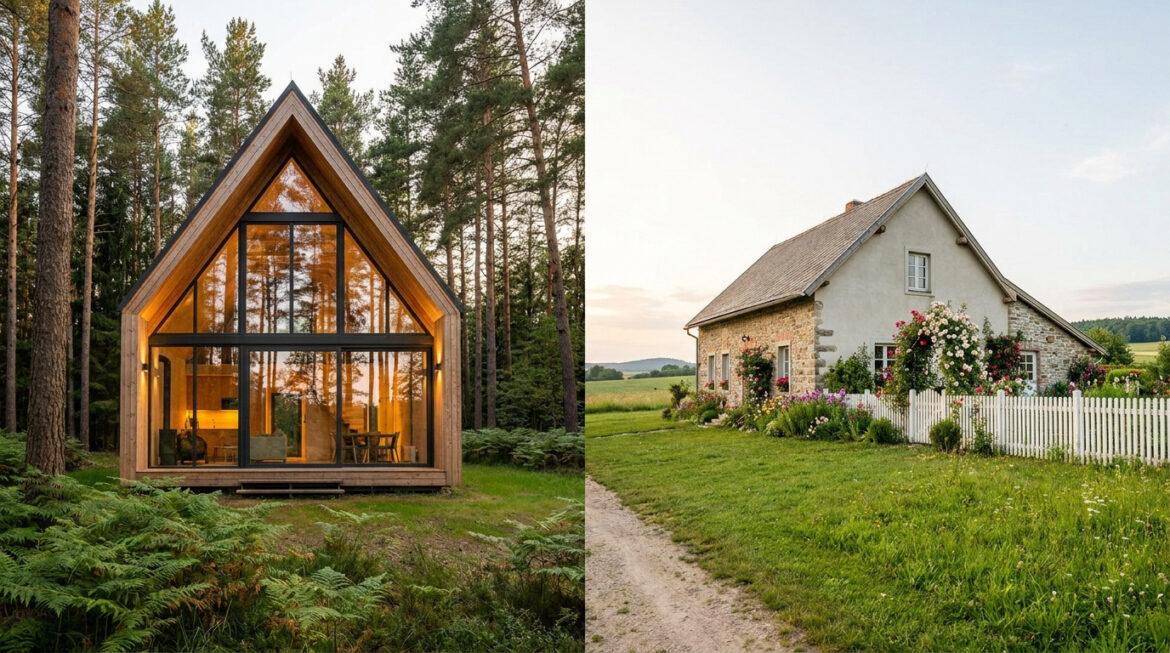Chalet ou maison : quel habitat choisir pour votre projet ? Photo divisée : à gauche, un chalet moderne en bois et verre dans une forêt ; à droite, une maison de campagne en pierre avec jardin.
