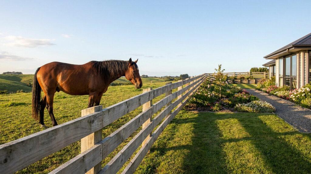Un cheval marron se tient dans un pâturage vert à côté d'une clôture en bois qui sépare un jardin fleuri et une maison moderne.