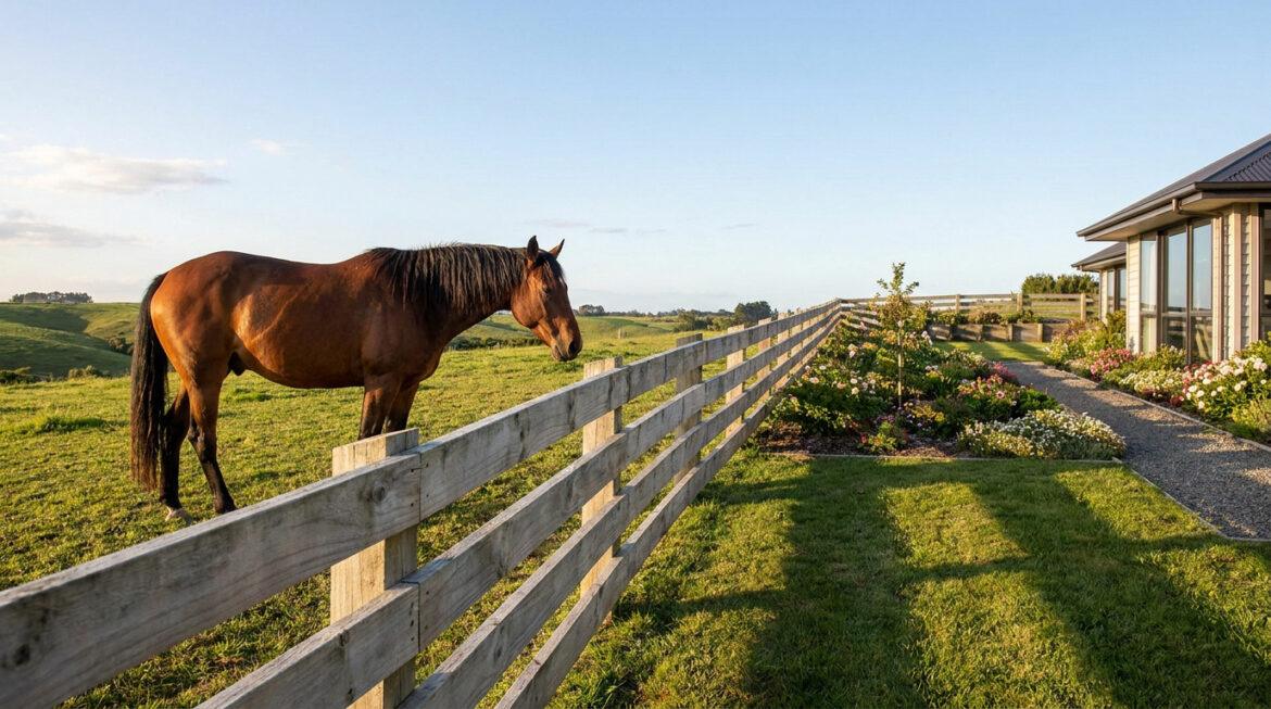 Quelle distance de clôture pour chevaux avec son voisin ? Un cheval marron se tient dans un pâturage vert à côté d'une clôture en bois qui sépare un jardin fleuri et une maison moderne.
