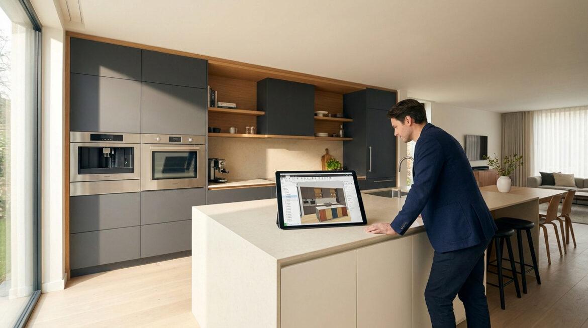 Homme visualisant un projet de cuisine 3D sur tablette, dans une cuisine moderne Tyko avec îlot central et électroménager intégré.