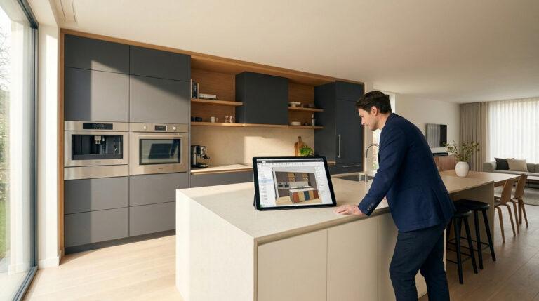 Tout savoir sur Tyko cuisine pour un projet sur mesure Homme visualisant un projet de cuisine 3D sur tablette, dans une cuisine moderne Tyko avec îlot central et électroménager intégré.