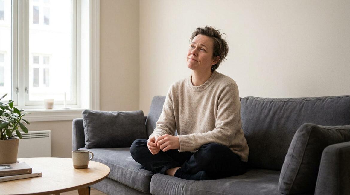 Femme pensive assise sur un canapé gris dans un salon lumineux, regardant vers le haut, préoccupée par le bruit environnant.