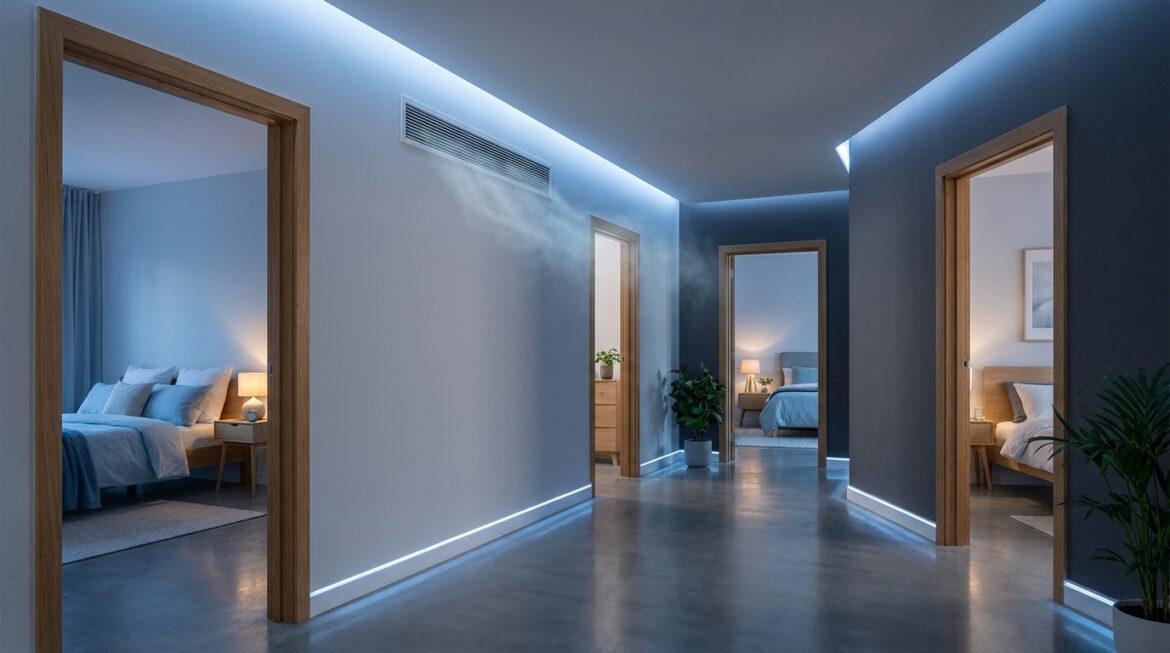 Couloir moderne avec climatisation soufflant de l'air frais, menant à plusieurs chambres éclairées. Éclairage LED intégré.