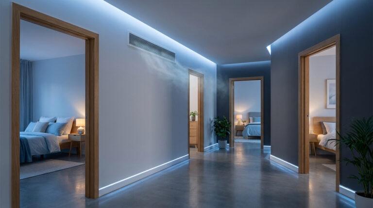 Clim couloir chambres : comment bien rafraîchir vos nuits ? Couloir moderne avec climatisation soufflant de l'air frais, menant à plusieurs chambres éclairées. Éclairage LED intégré.