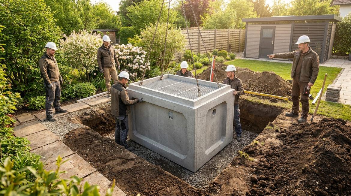 Réussir l’installation de votre puisard en béton Plusieurs ouvriers en casques installent un grand puisard en béton préfabriqué dans une fosse creusée dans un jardin.