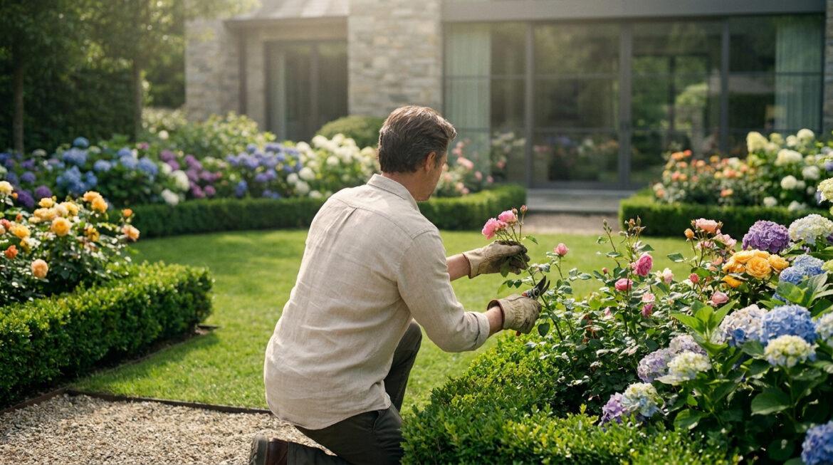 Entretien jardin locataire : vos droits et obligations Homme en gants de jardinage taillant des roses dans un jardin coloré d'hortensias et de verdure, devant une maison moderne.