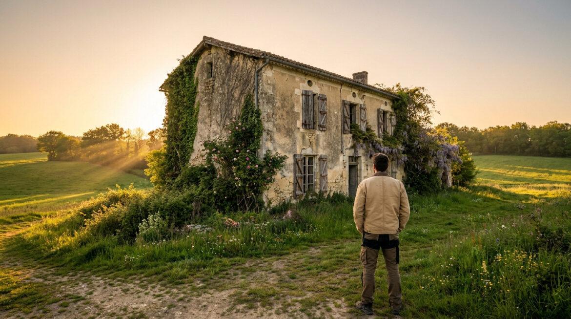 Maison abandonnée à vendre : comment réussir votre achat Un homme de dos contemple une vieille maison de campagne abandonnée, envahie de végétation, baignée par la lumière du soleil couchant.