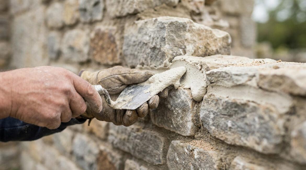 Dosage chaux sable : comment réussir vos joints de pierre ? Gros plan sur des mains gantées appliquant du mortier de chaux à la truelle sur les joints d'un mur en pierre naturelle.