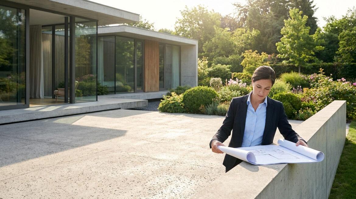 Déclaration terrasse béton : les règles à suivre en 2026 Une architecte en tailleur examine les plans d'une terrasse en béton devant une maison moderne et végétalisée.