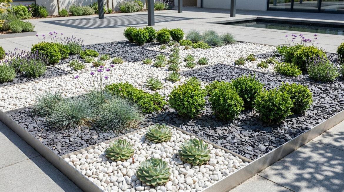 Parterre cailloux ardoise : le duo minéral de votre jardin Jardin moderne avec parterres géométriques de graviers blancs, d'ardoise noire, de plantes succulentes et de lavande.