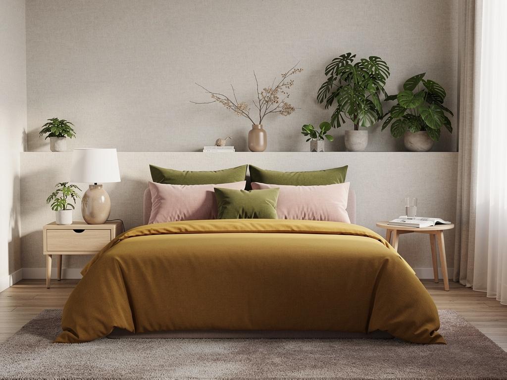 Chambre nature avec teintes moutarde, vert mousse et pétale