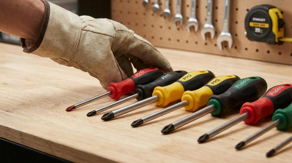 Comment bien choisir et utiliser votre tournevis cruciforme Une main gantée choisit parmi une sélection de tournevis cruciformes et Pozidriv rangés sur un établi en bois.