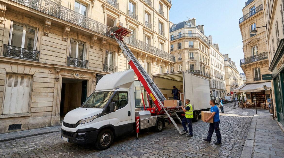 Monte-meubles professionnel déchargeant des cartons vers un balcon dans une rue pavée du quartier Latin à Paris.
