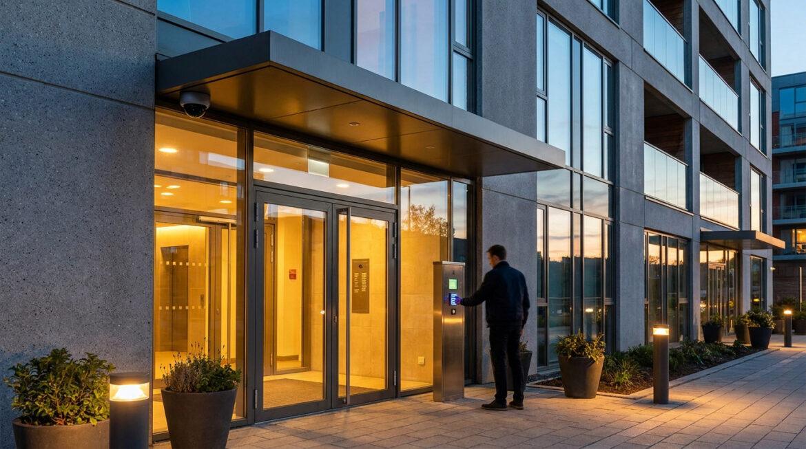 Un résident utilise un digicode pour entrer dans un immeuble moderne et sécurisé au crépuscule.