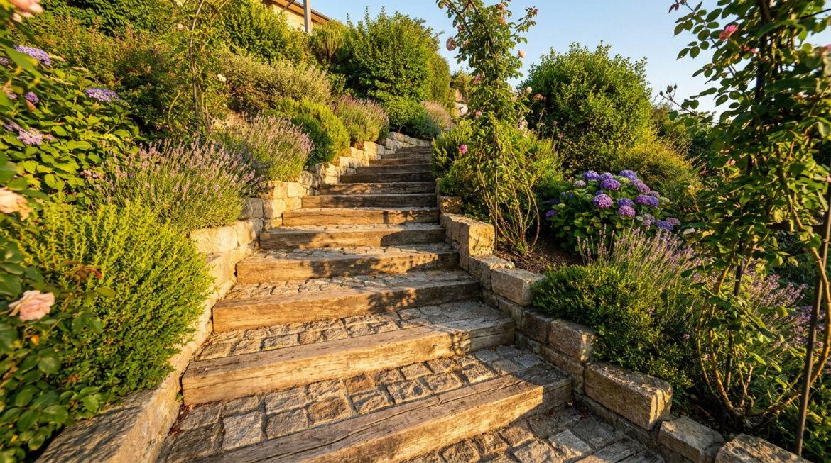 Aménager un escalier de jardin en pente : le guide Escalier en bois et pavés entouré de fleurs et d'arbustes dans un jardin en pente sous une lumière dorée.