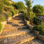 Escalier en bois et pavés entouré de fleurs et d'arbustes dans un jardin en pente sous une lumière dorée.