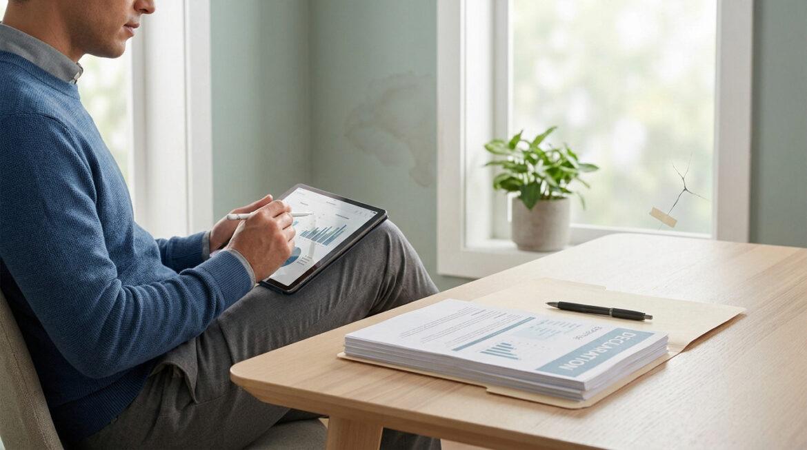 Un homme travaille sur une tablette numérique avec des documents de déclaration posés sur une table en bois.