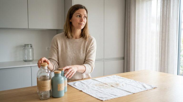 Pourquoi l’eau écarlate est-elle introuvable en 2026 ? Une femme dans une cuisine moderne regarde pensivement une tache sur un torchon à côté de flacons ménagers vides.