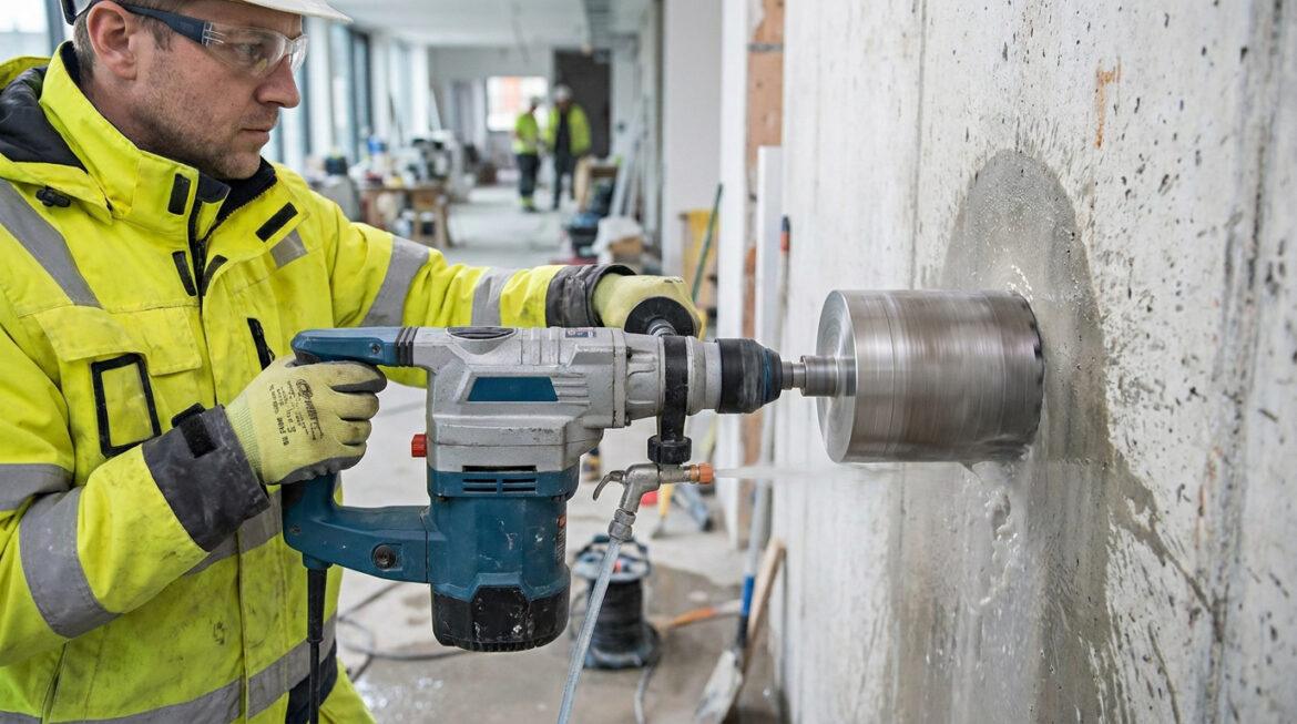 Tout savoir sur le carottage de mur pour vos réseaux Un ouvrier en équipement de sécurité utilise une carotteuse électrique pour percer un mur en béton sur un chantier.