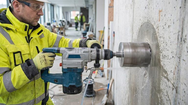 Tout savoir sur le carottage de mur pour vos réseaux Un ouvrier en équipement de sécurité utilise une carotteuse électrique pour percer un mur en béton sur un chantier.
