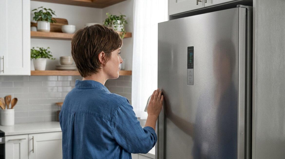 Une femme interagit avec l'écran tactile d'un réfrigérateur en acier inoxydable dans une cuisine moderne.