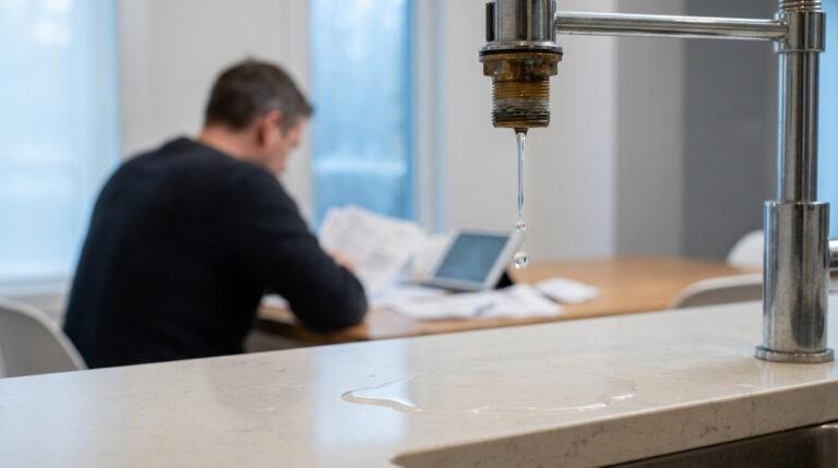 Joint défectueux et assurance : votre couverture en 2026 Un robinet qui fuit au-dessus d'une flaque sur un comptoir, avec un homme flou consultant des documents en arrière-plan.