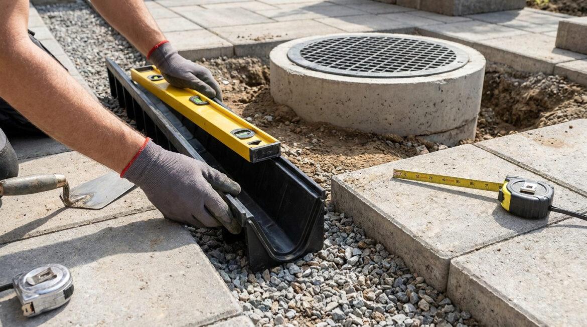 Un ouvrier utilise un niveau à bulle pour aligner un caniveau de drainage lors de travaux d'aménagement extérieur.
