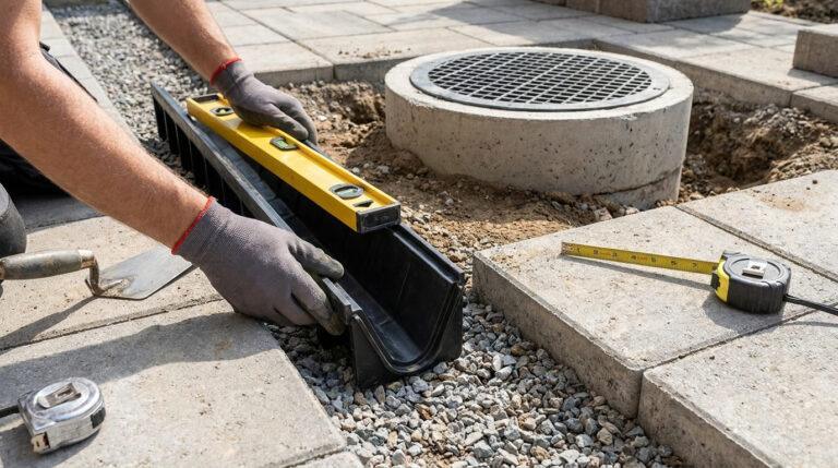Un ouvrier utilise un niveau à bulle pour aligner un caniveau de drainage lors de travaux d'aménagement extérieur.