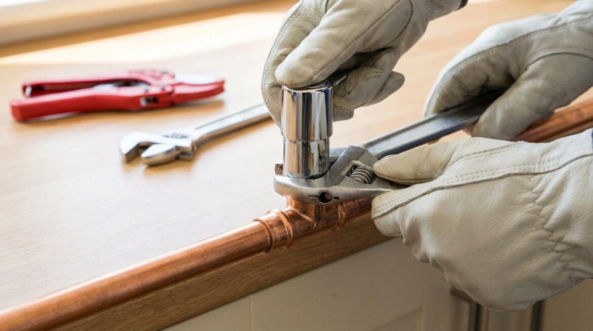 Mains avec gants de travail utilisant une clé à molette pour serrer un robinet sur un tuyau en cuivre.