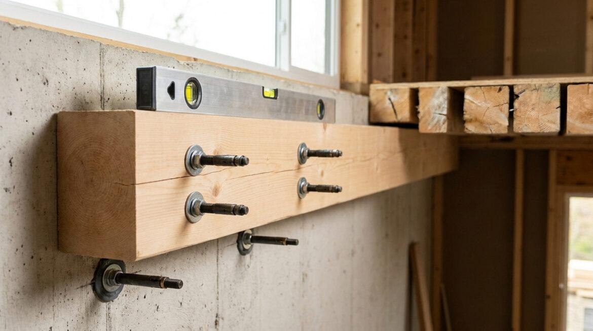 Réussir votre fixation muralière pour un plancher robuste Une muralière en bois fixée à un mur en béton avec un niveau à bulle posé dessus lors d'une construction.