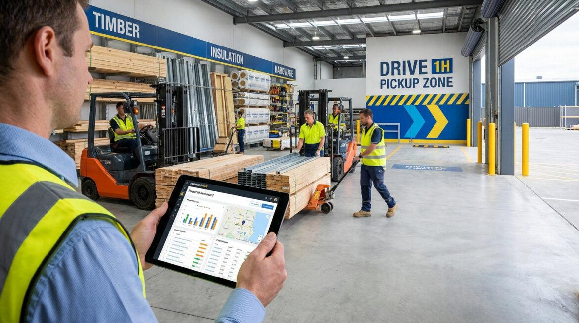 Professionnel du bâtiment utilisant une tablette pour suivre ses livraisons dans un entrepôt avec des chariots élévateurs.
