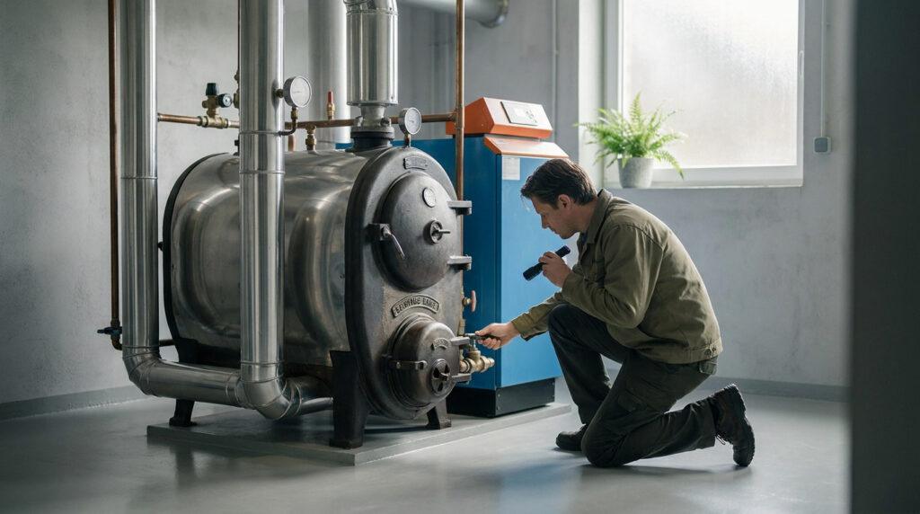 Un chauffagiste inspecte une ancienne chaudière métallique avec une lampe torche dans une chaufferie moderne.