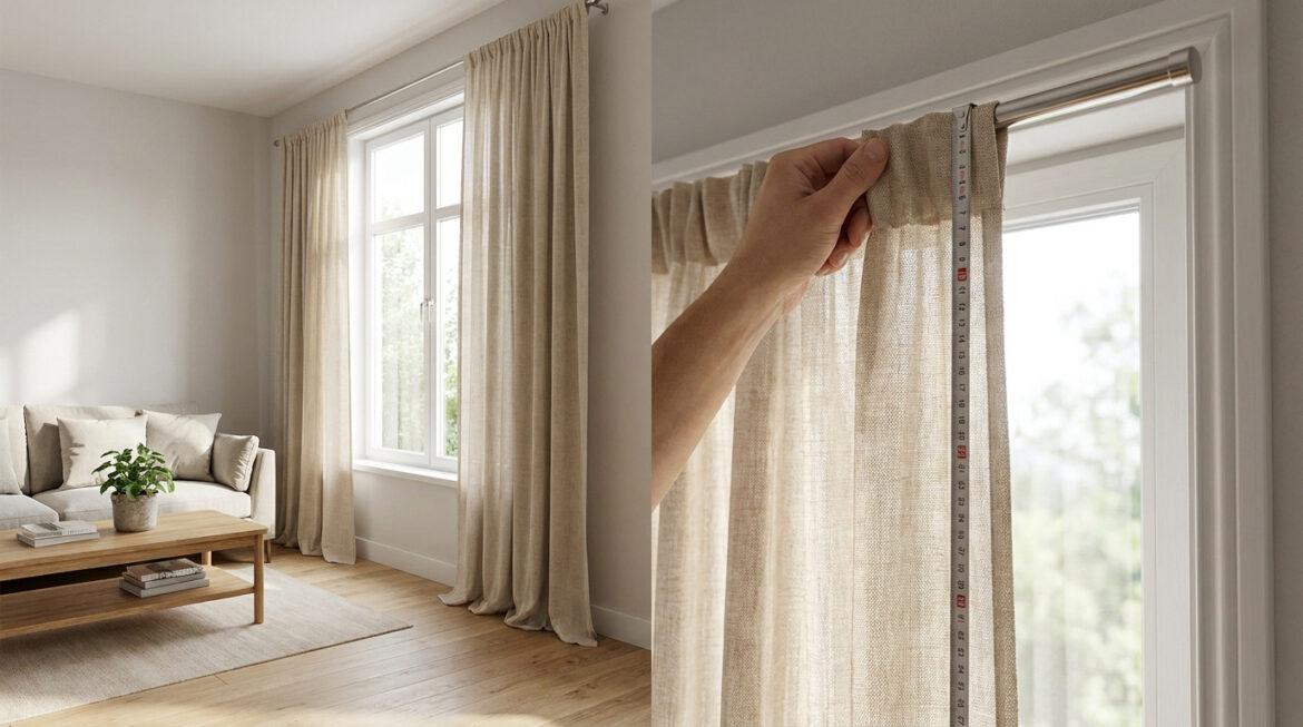 Personne mesurant la longueur d'un rideau beige suspendu à une tringle devant une fenêtre moderne.